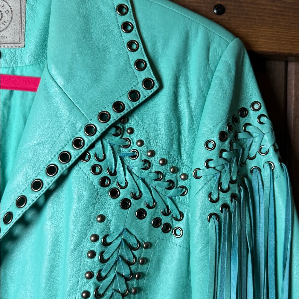 Double D Ranch Turquoise Studded Fringe Leather Jacket - Picture 3 of 10